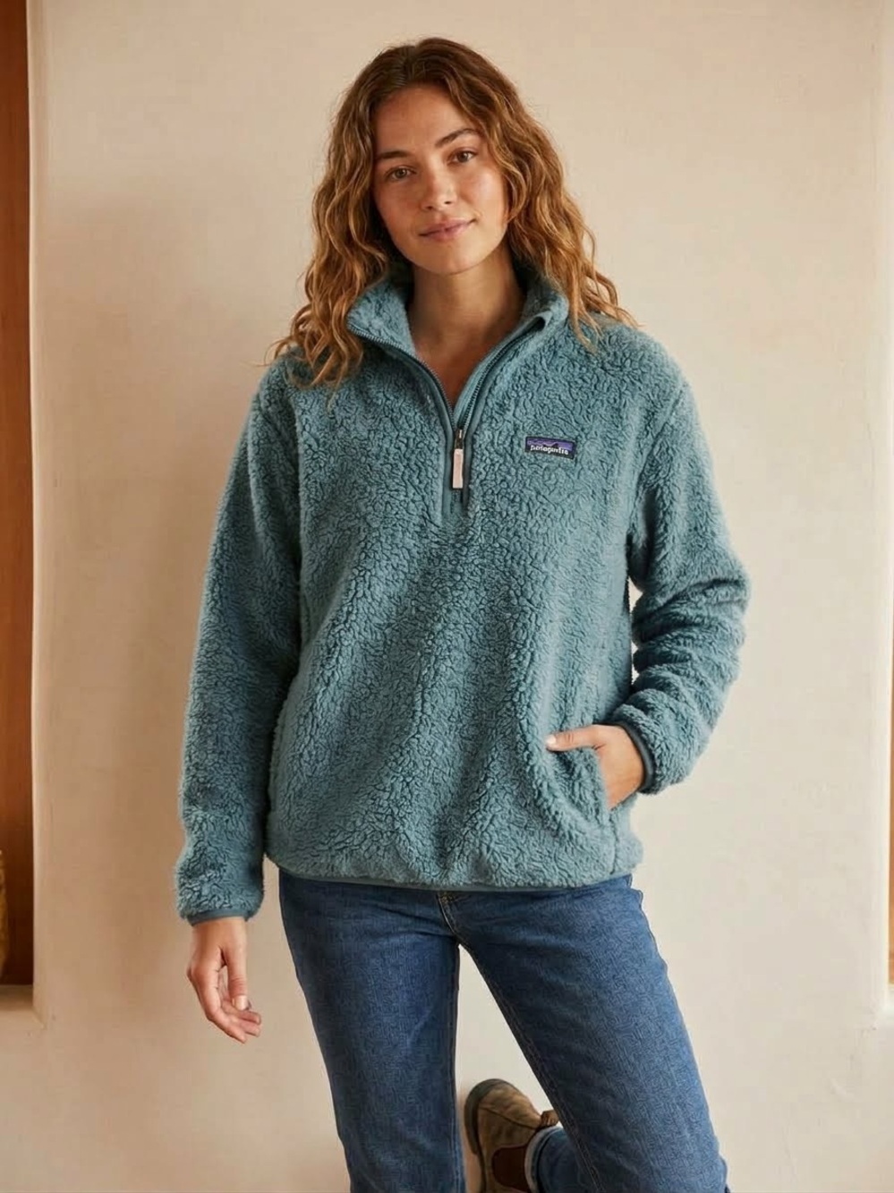 Patagonia Women’s Teal Blue Shearling Half-Zip Pullover